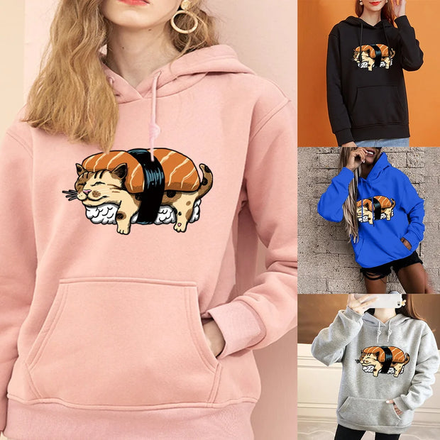 Fashion Hoodie Lazy Cat Print Long Sleeve Oversized Pocket Sweatshirt