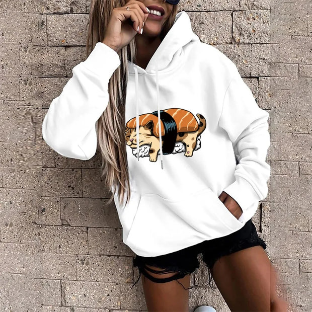 Fashion Hoodie Lazy Cat Print Long Sleeve Oversized Pocket Sweatshirt