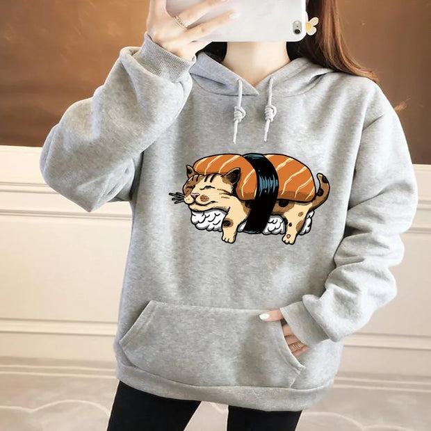 Fashion Hoodie Lazy Cat Print Long Sleeve Oversized Pocket Sweatshirt