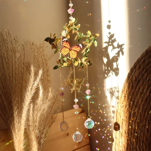 New Vine winding Butterfly Crystal Wind Chime Star Moon Hanging Rainbow Chaser