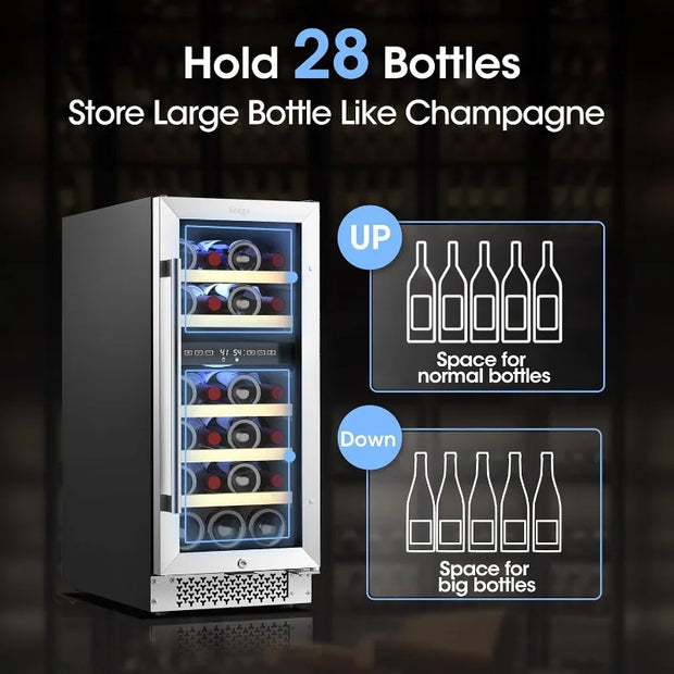 15 Inch Wine Cooler Dual Zone 28 Bottle Wine Cooler Refrigerator